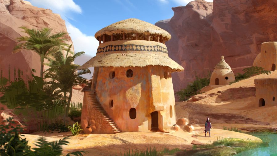 Desert Oasis Mystique: A Unique Building Amidst Tranquil Waters